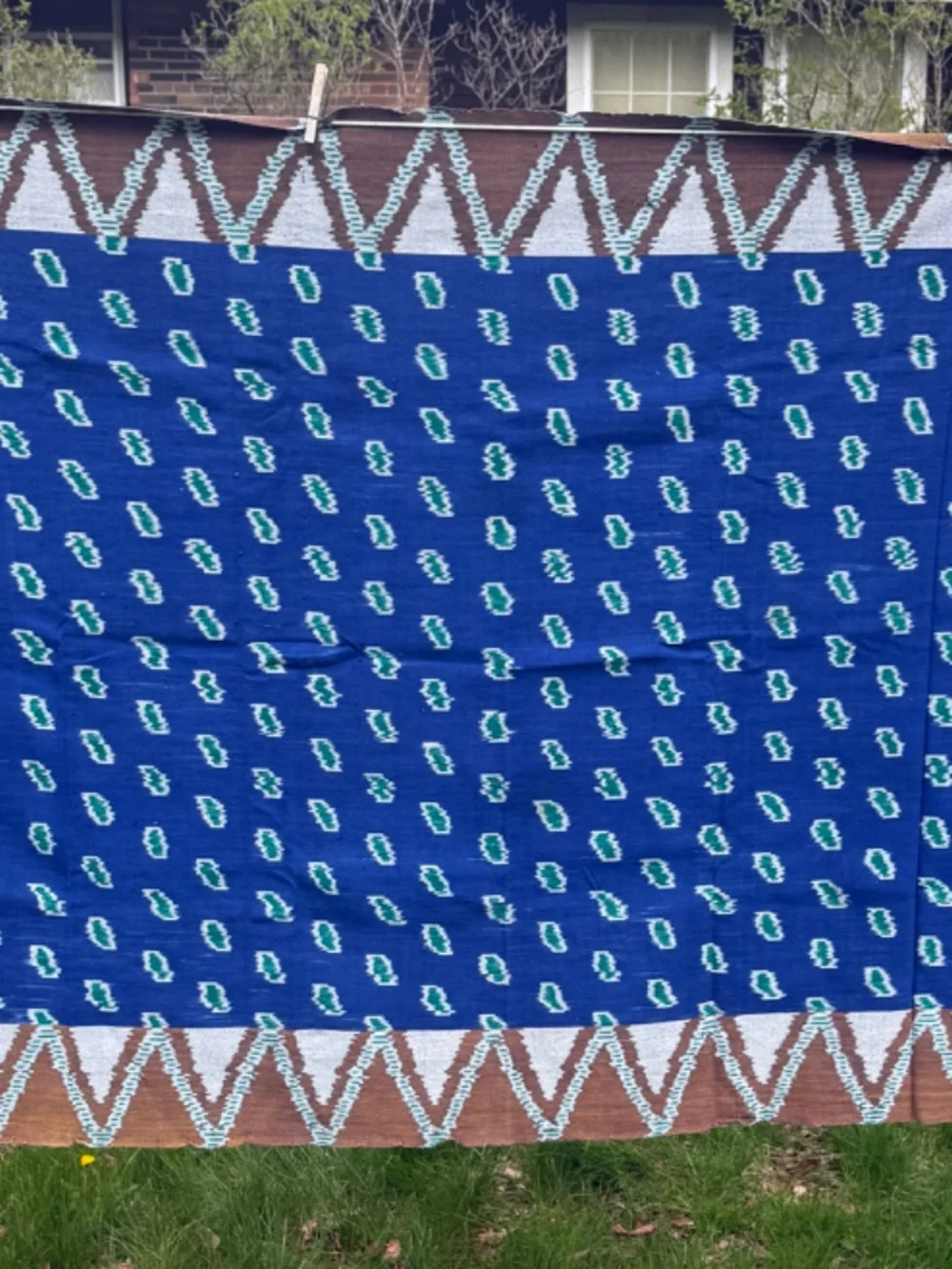 True Ikat Cloth Wrap Throw Blue Green Wall Hanging Medium Weight Weaving 82 X 45
